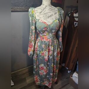 Women's Green Floral Long-Sleeve Sweetheart Midi Dress Sz Small